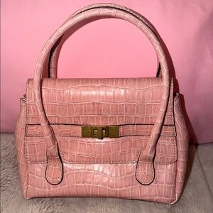 Croc-Embossed Pink Top Handle Satchel with Gold-Tone Lock